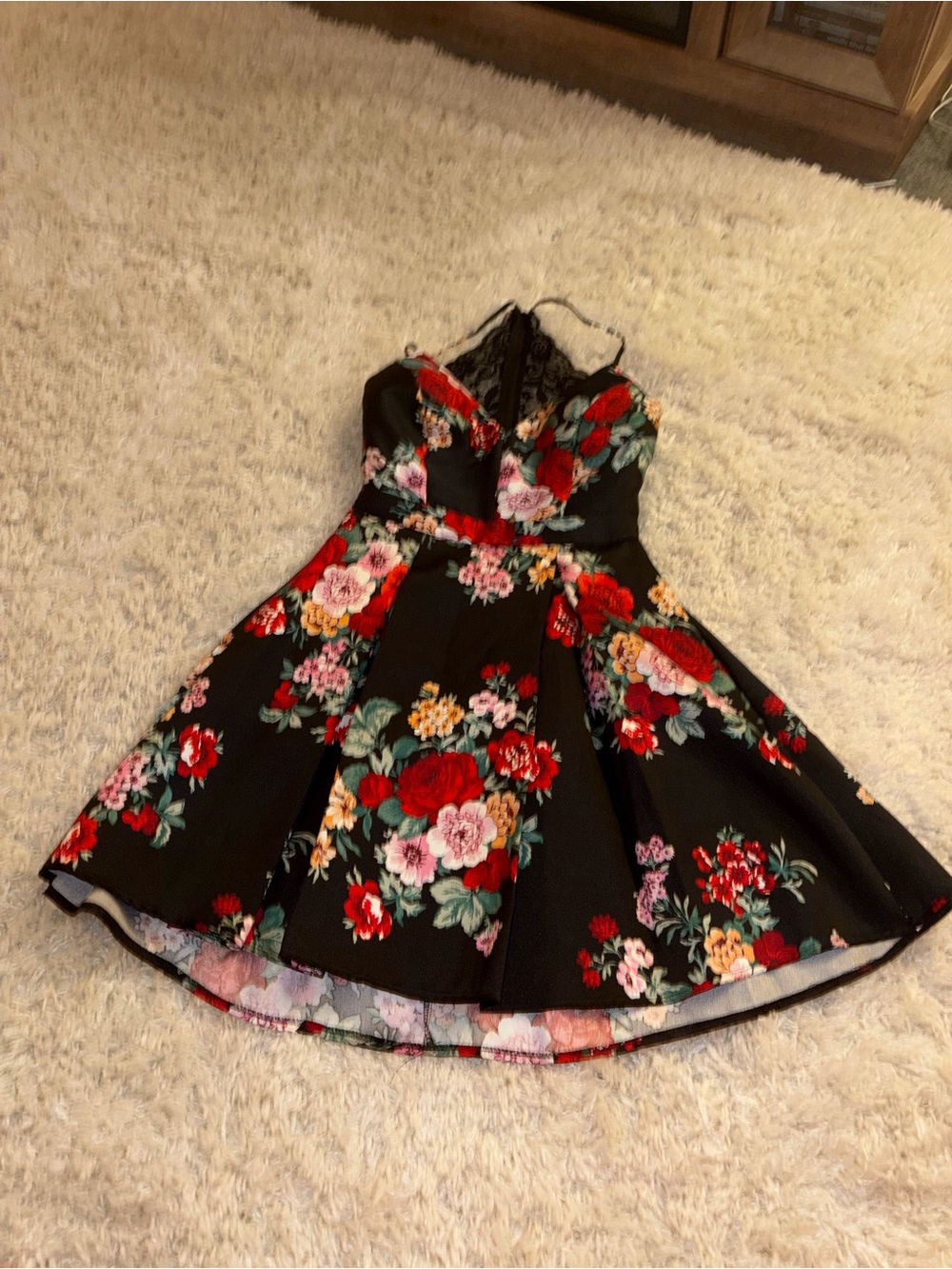 B. Smart size 3 women’s Black Floral Fit & Flare Dress with Red and Pink Blooms